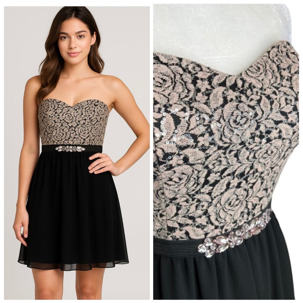 NWT Strapless Floral Lace Sequin Bodice Formal Mini Dress Black Blush Size 13